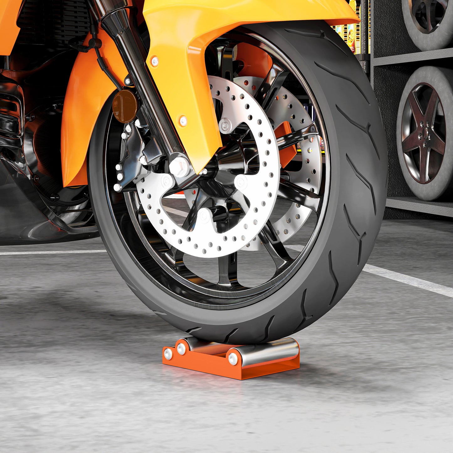 HOMCOM Motorcycle Wheel Cleaning Stand with Steel Frame, Aluminium Rollers, for Tyre Cleaning & Chain Lubrication, Fits < 180mm Tyres, Orange
