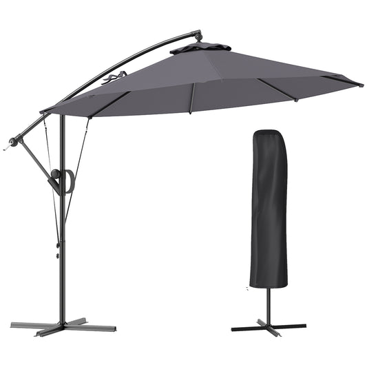 Outsunny Garden Cantilever Parasol with Cover, Wind Protection Strap, Crank Handle, Tilt, UPF50+, Outdoor Sun Shade, 3m, Grey