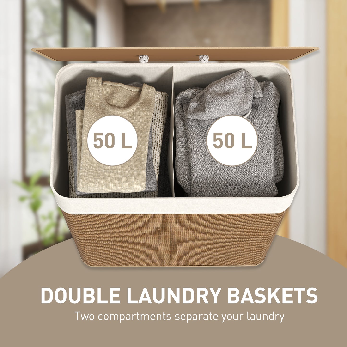 HOMCOM Double Laundry Basket with Lid, 100L Bamboo Laundry Hamper with Rope Handles, Washing Basket with Removable Liner for Bathroom, Bedroom, Brown