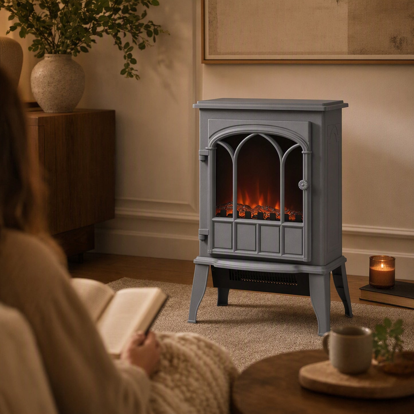 HOMCOM Freestanding Electric Fireplace, Electric Log Burner with LED Flame Effect, Overheating Safety System, 1000W/2000W Grey