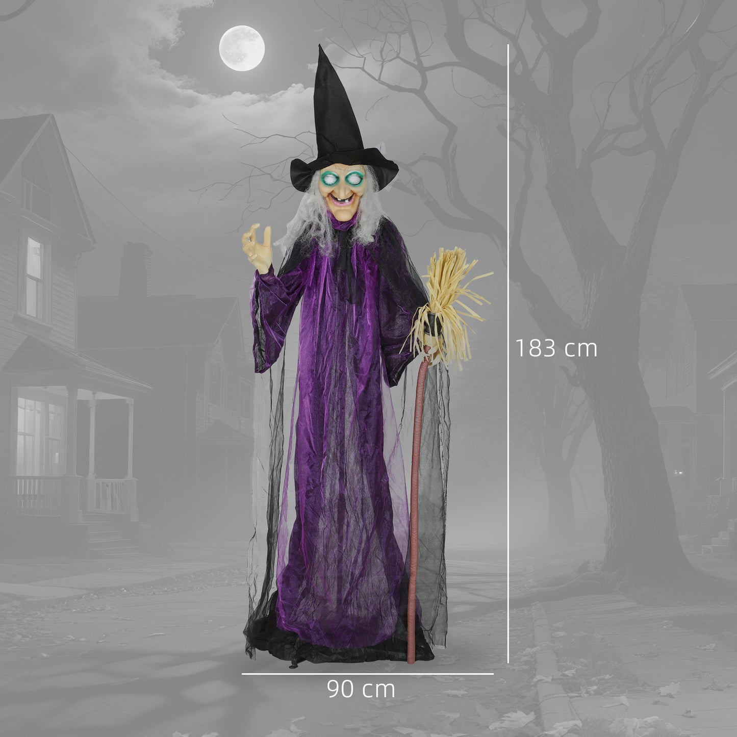 Outsunny 183cm Life Size Halloween Animated Witch & Broomstick with Glowing LED Eyes, Battery Operated Indoor Party Props, Spooky Halloween Decor