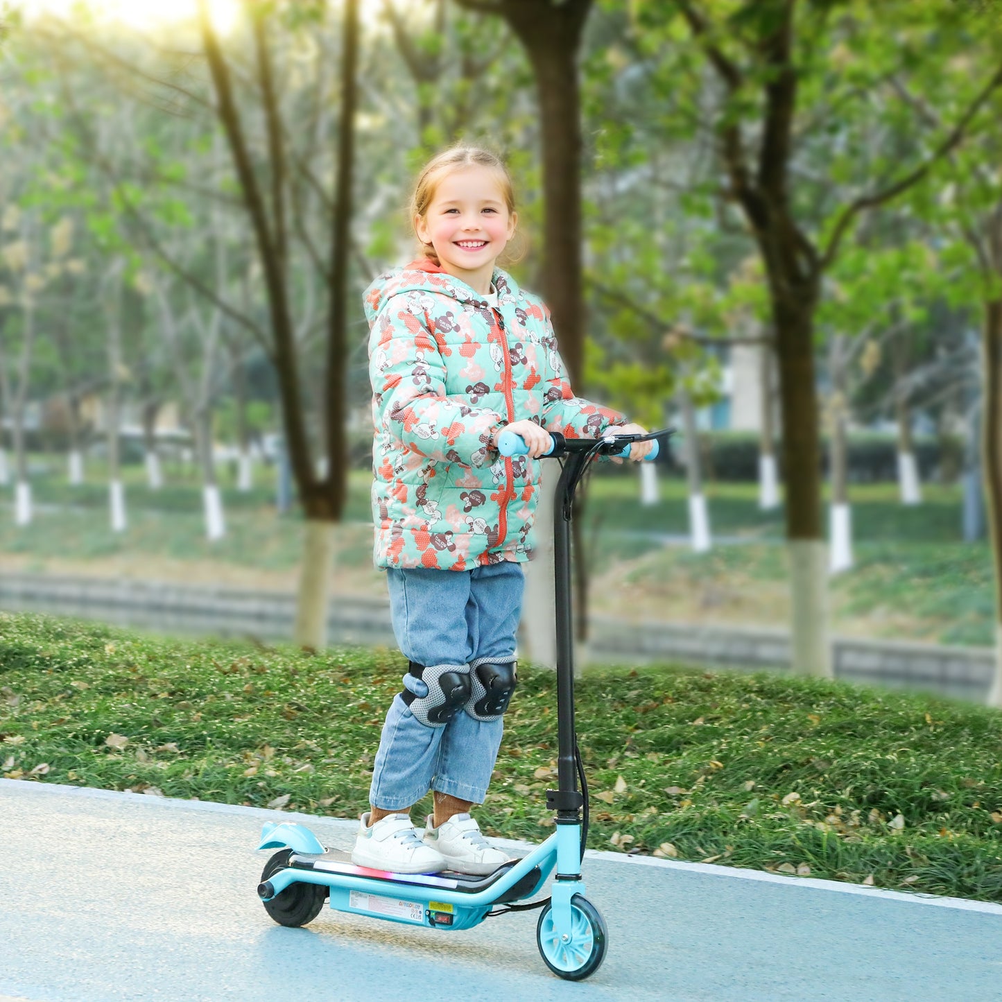 AIYAPLAY Electric Scooter for Kids Ages 6-14, Dual Brakes, Flash Wheel, Colorful Light, 12 KM/H & 10 KM Range, Blue