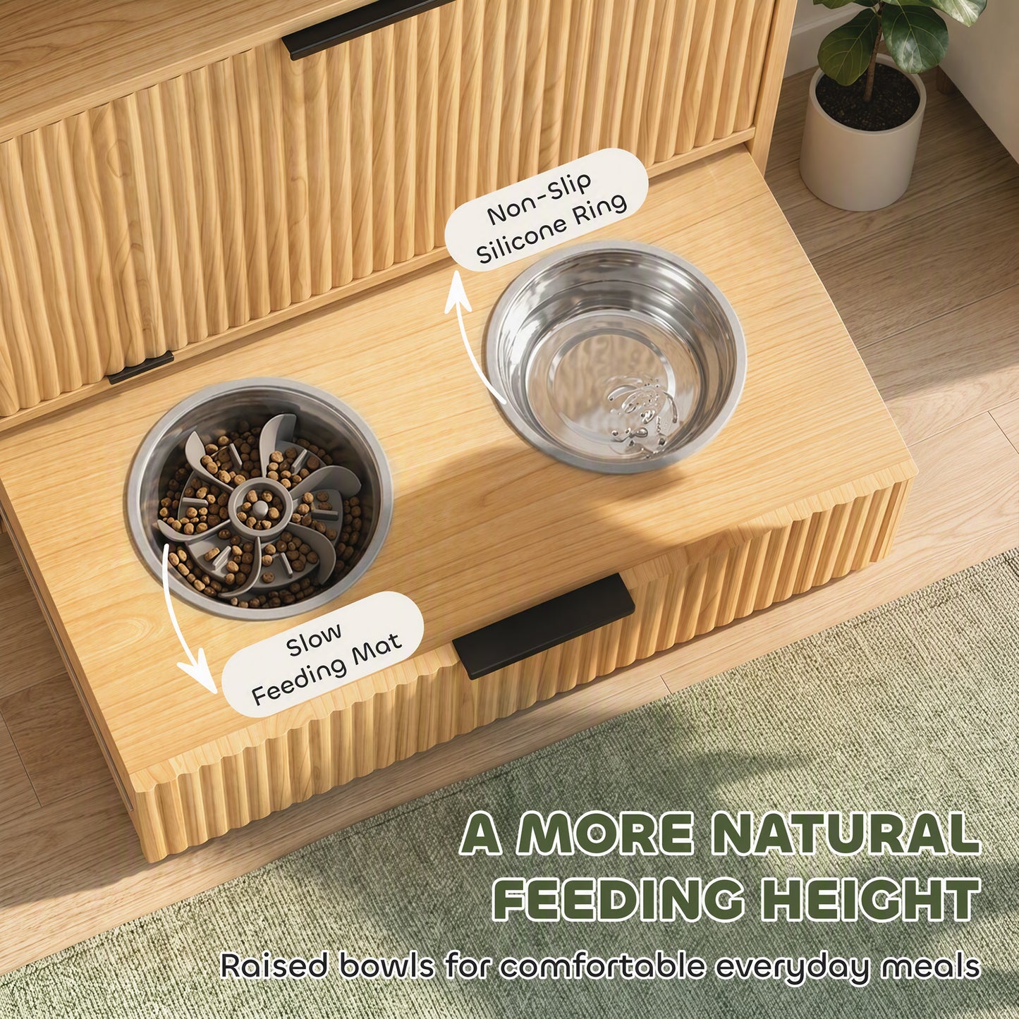 PawHut Pet Feeder Station with Storage, Dog Food Storage Container w/ 2 Raised Bowls, Tilt Out Cabinet, Slow Feeder Mat