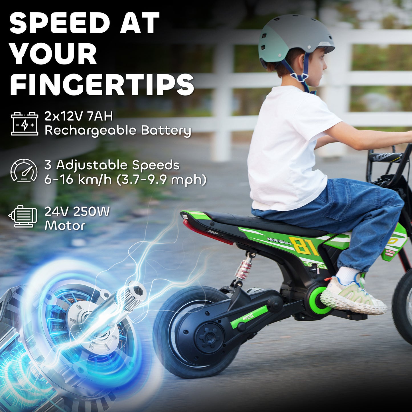 AIYAPLAY Kids Electric Motorbike, 24V Ride On Motorcycle with 3 Speeds and Rear Suspension, Dirt Bike for 8-12 Years Old, Green