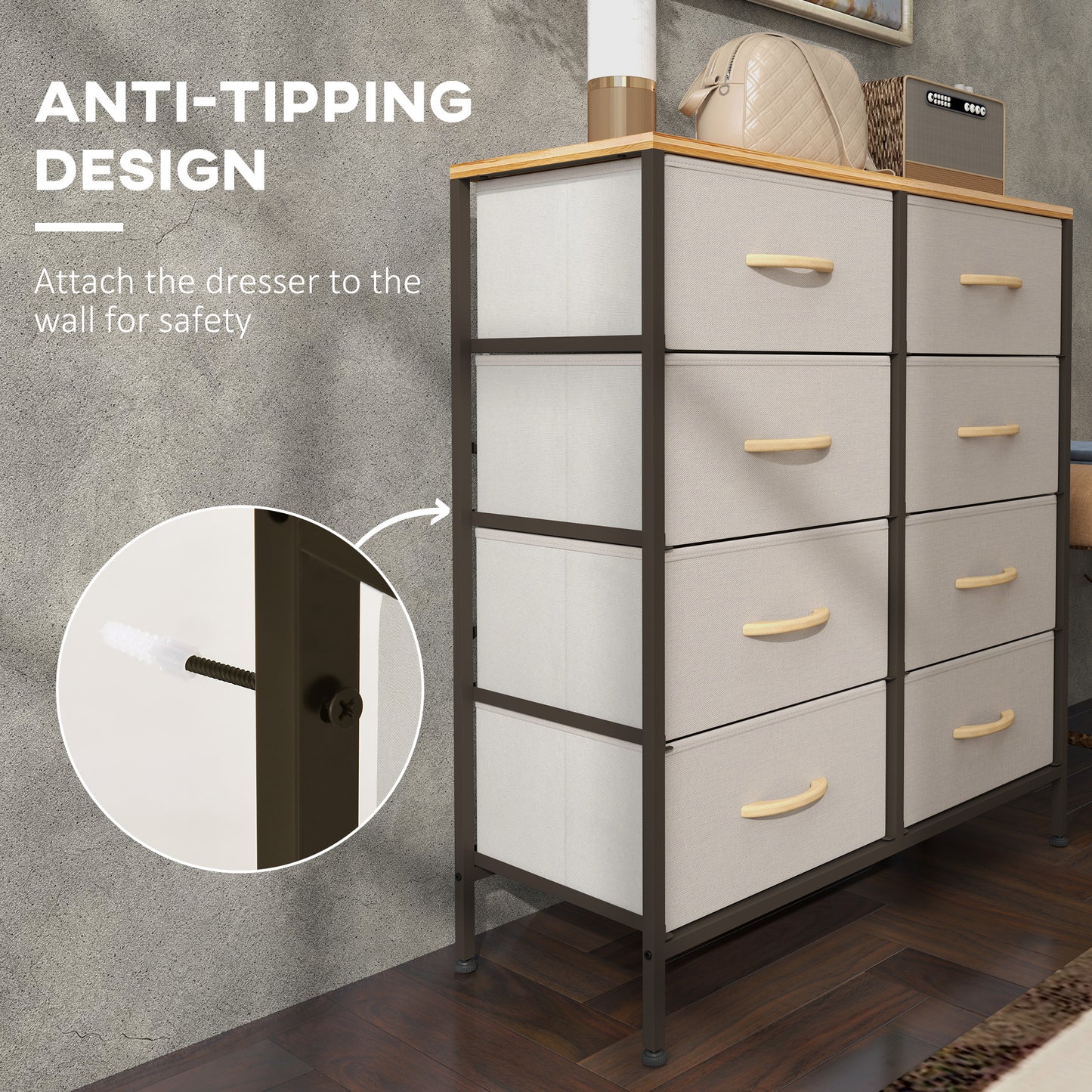 HOMCOM Fabric Chest of Drawers, Industrial Dresser with 8 Fabric Drawers, Steel Frame & Wooden Top for Nursery, Living Room, Hallway, Cream White.