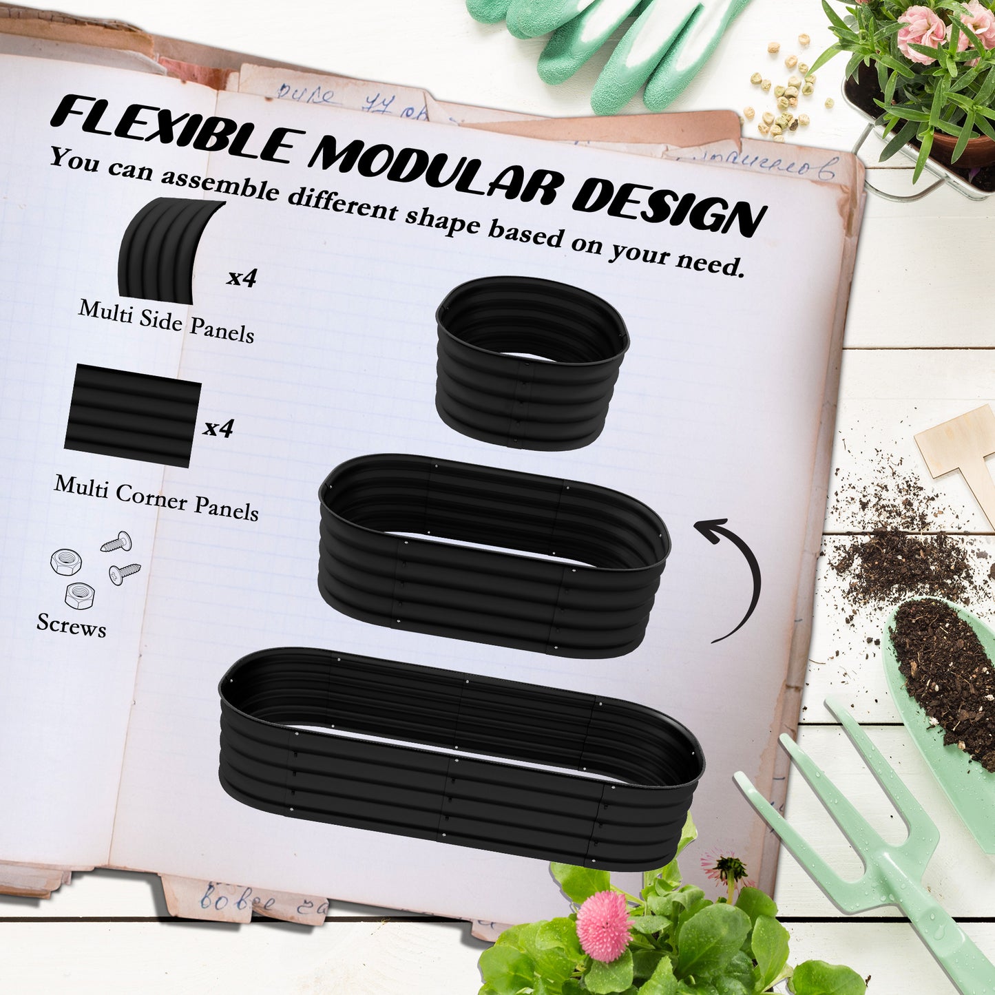 Outsunny Galvanised Raised Garden Bed, Metal Planter Box with Safety Edging, for Flowers, Herbs, Succulents, Black