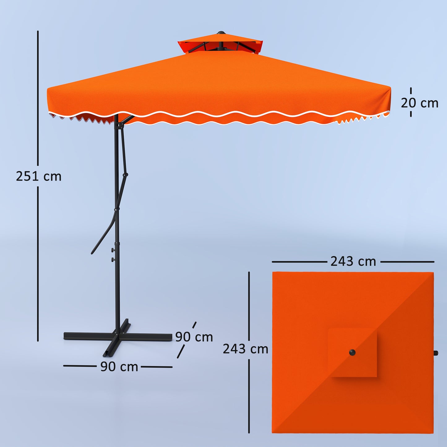 Outsunny 2.5m Cantilever Parasol, Square Double Top Garden Umbrella with Ruffles, Cross Base, Overhanging Sun Shade, Orange