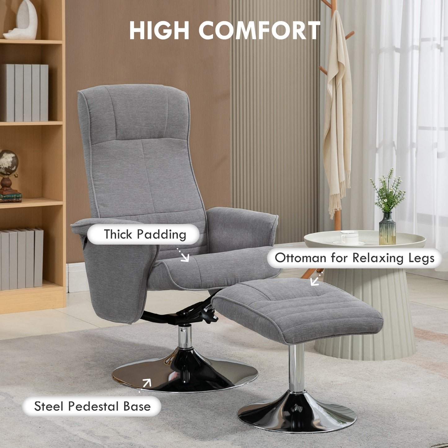 HOMCOM Swivel Recliner Chair with Footstool, Velvet Upholstered Armchair with Ottoman, Steel Base for Living Room, Bedroom, Office, Grey