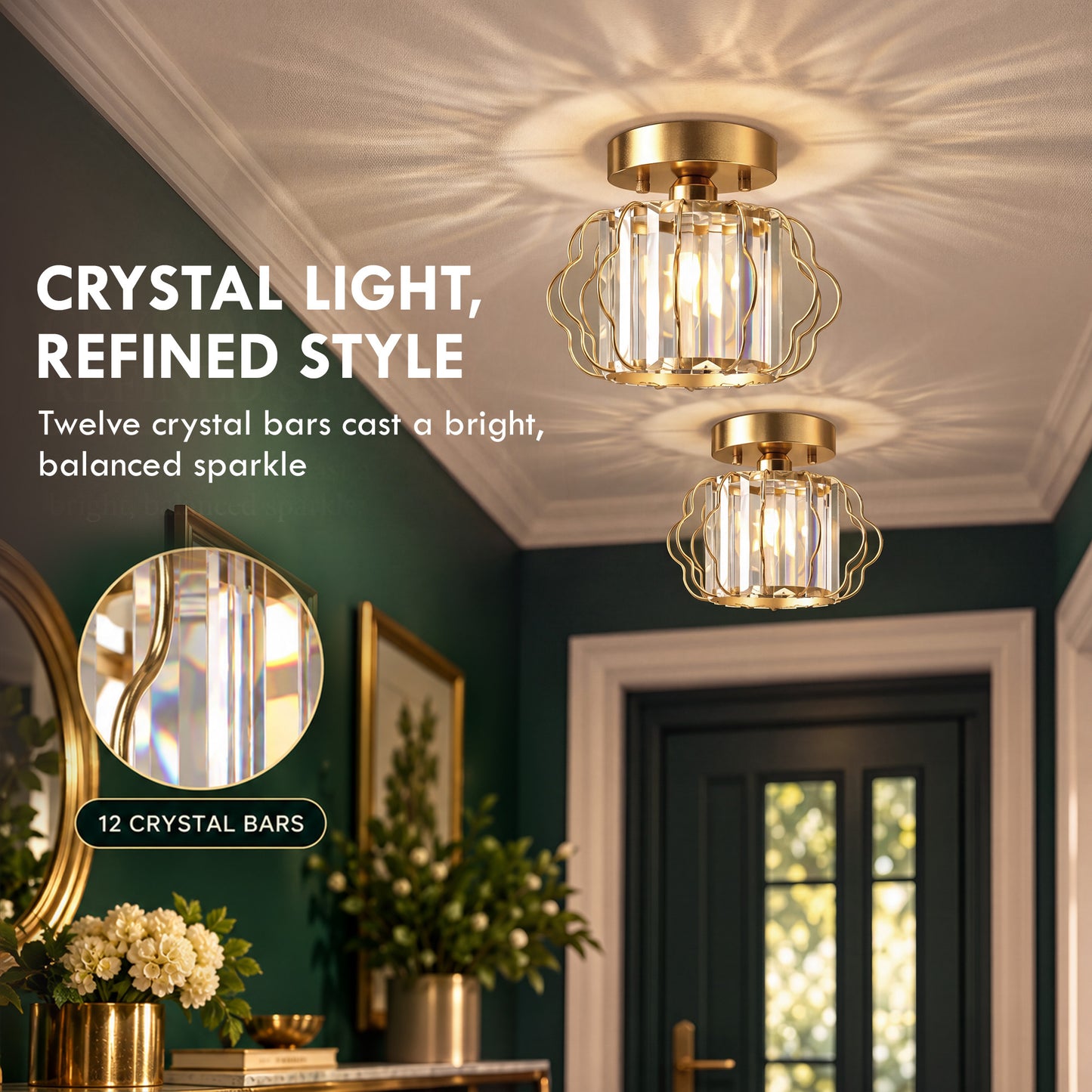 HOMCOM Crystal Ceiling Light Fixtures, Modern Semi-Flush Ceiling Lighting with Crystal Strips, 2 Pack, Gold Tone