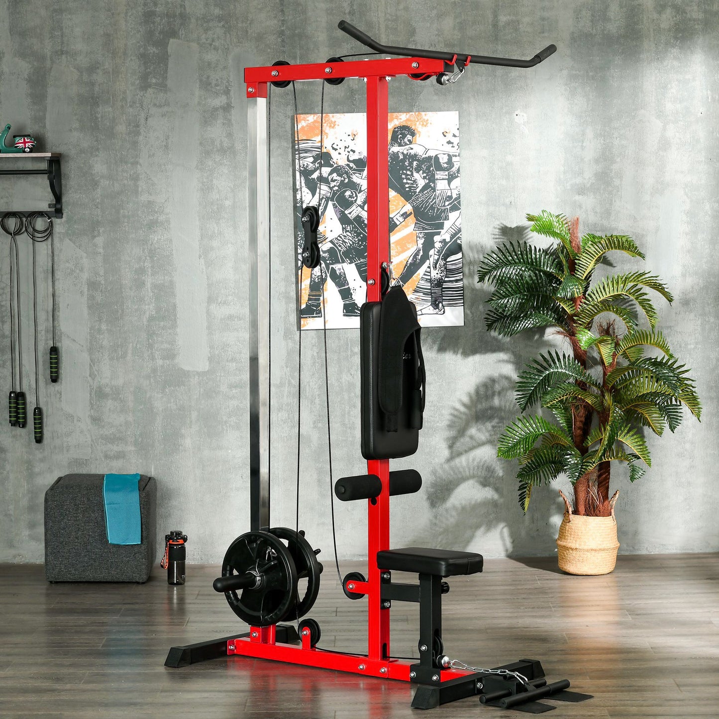 SPORTNOW Pull Up Station with Adjustable Seat, Power Tower for Chin up 
 and Lat Pulldown Exercises, Multi-Function Fitness Equipment with Flip-Up Footplate, for Home Gym, Red