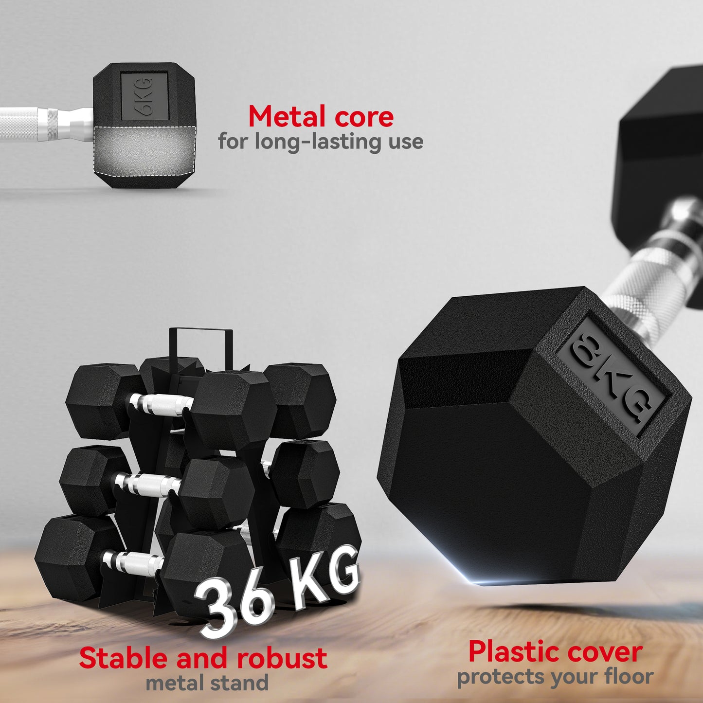 SPORTNOW Hex Dumbbell Set with Rack, Rubber Coated, Non-Slip Chrome Handles, for Home Gym Training, 2x2kg, 2x5kg, 2x8kg, Black