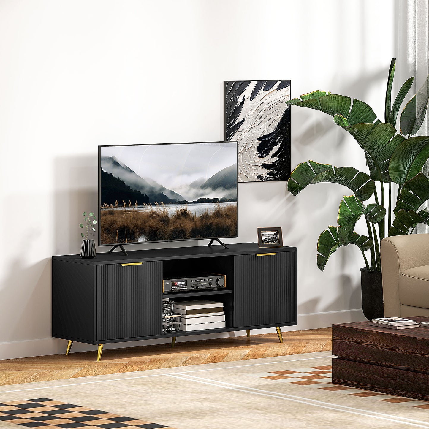 HOMCOM Modern TV Stand for TVs up to 55", 2 Cabinets, Cable Management, Black