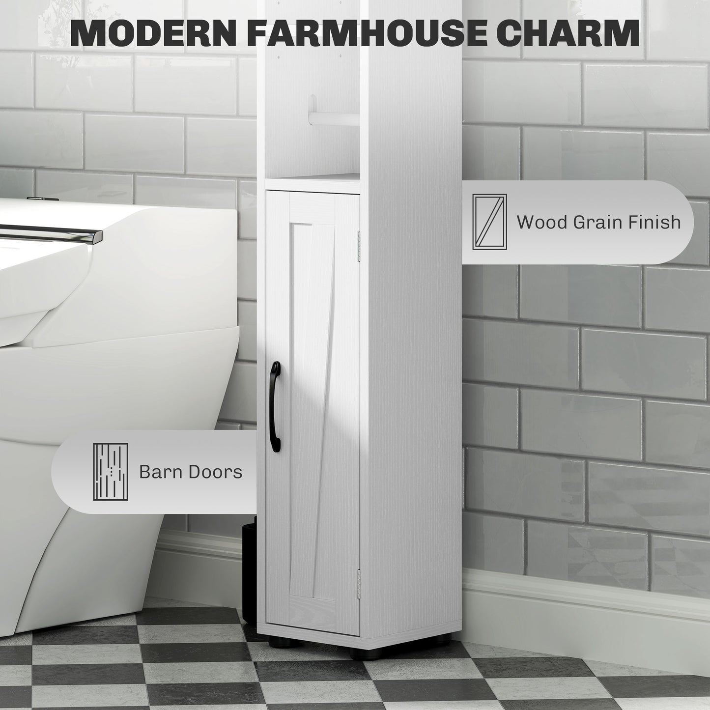 HOMCOM Tall Bathroom Cabinet, Slim Farmhouse Storage with Barn Doors, Toilet Paper Holder, Drawer & Adjustable Shelves, 185cm, White