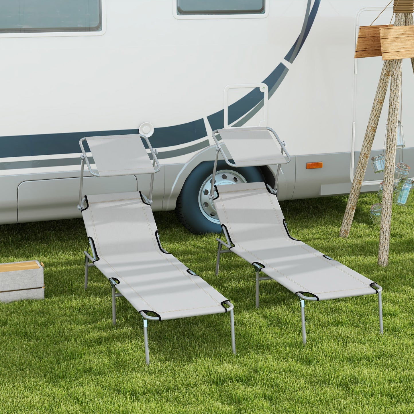 Outsunny 2-Piece Adjustable Folding Sun Lounger Set - Light Grey