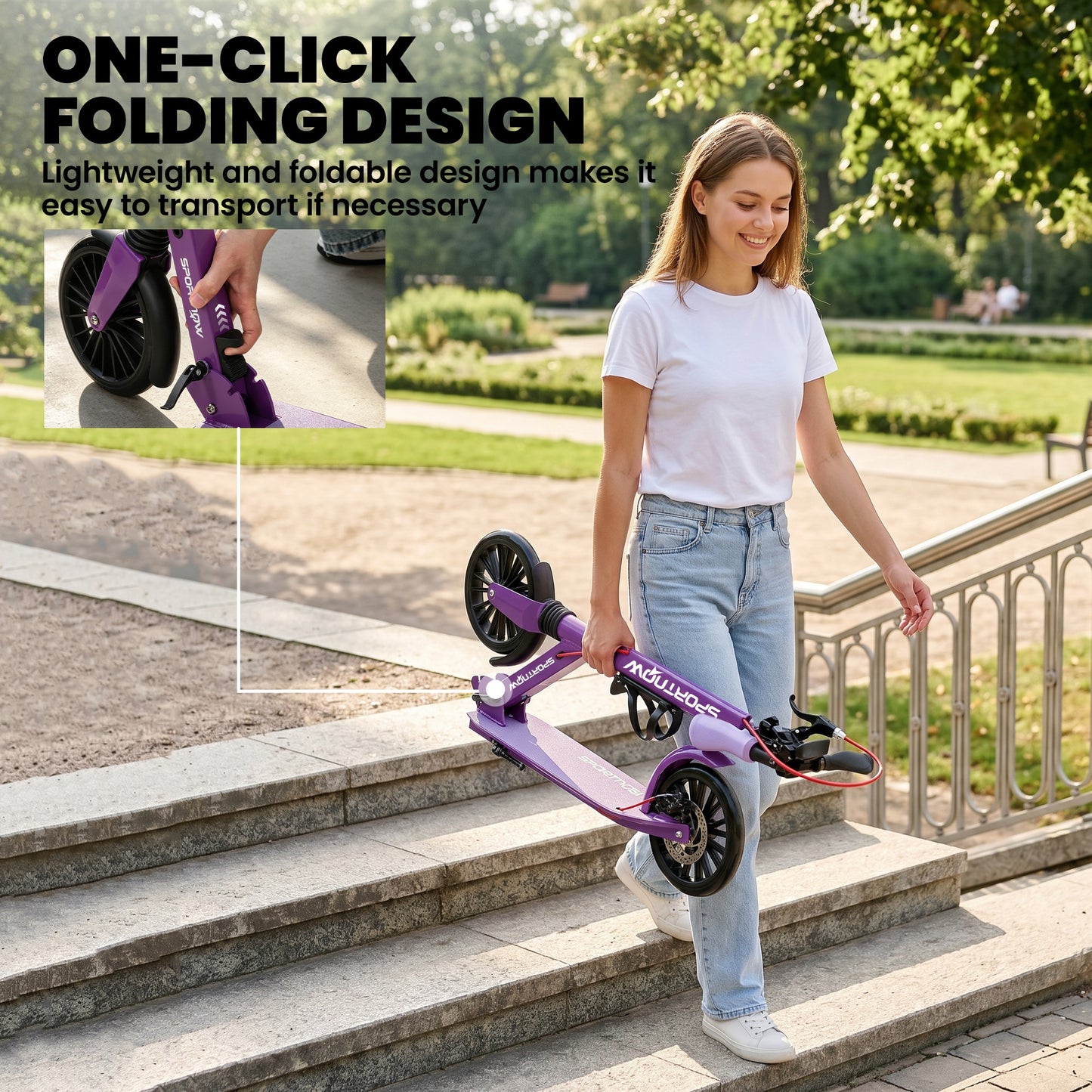 SPORTNOW Foldable Kick Scooter with Height Adjustable Handlebar, One-click Folding Adult Scooters with 200 mm Big Wheels, Purple
