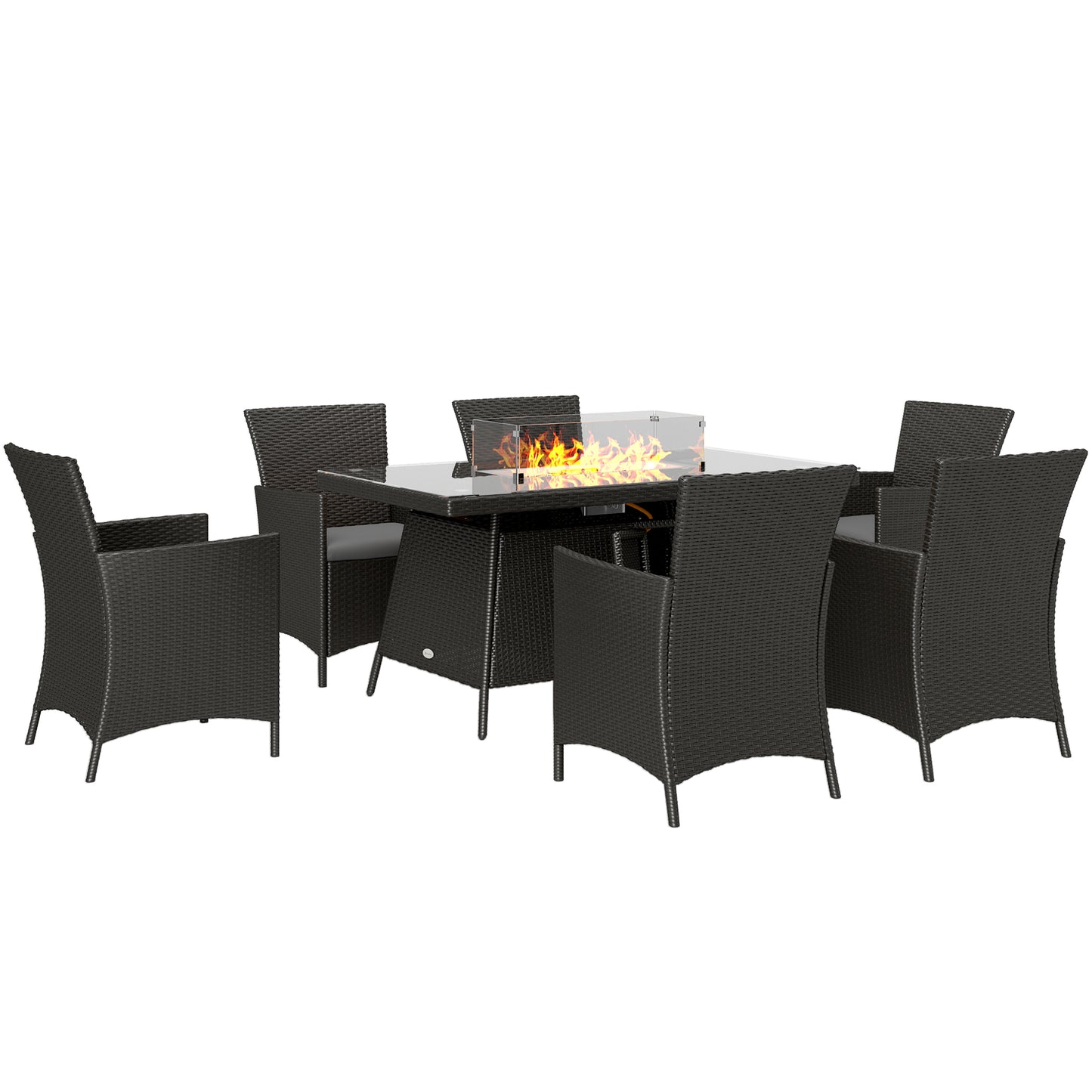 Outsunny 7-Piece Rattan Garden Furniture with Fire Pit Table, 6 Seater Set, Cushions, 50,000 BTU, Black