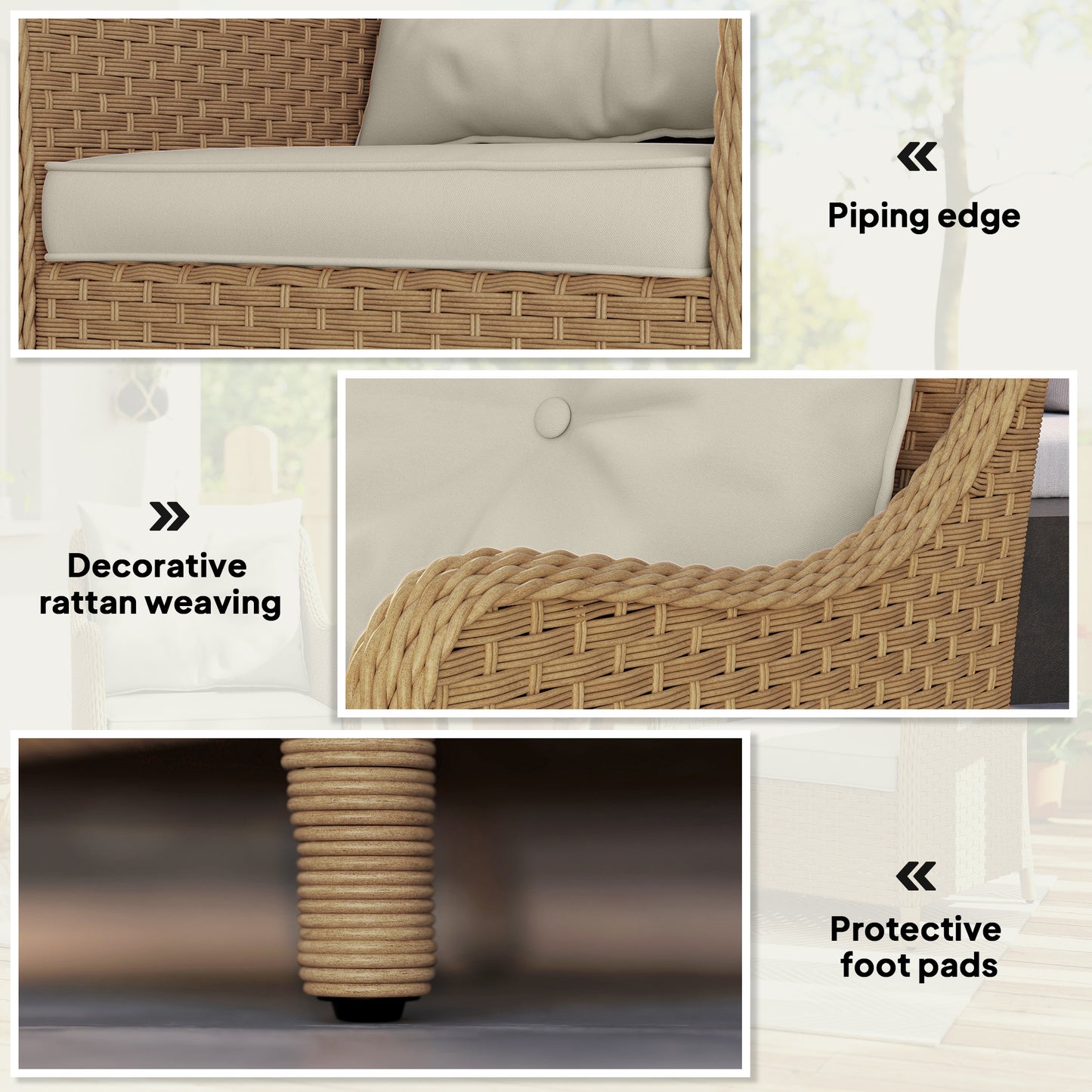 Outsunny Rattan Garden Chairs Set of 2, Outdoor with Cushions, Armrests, High Back, Steel Frame for Balcony, Porch, Beige