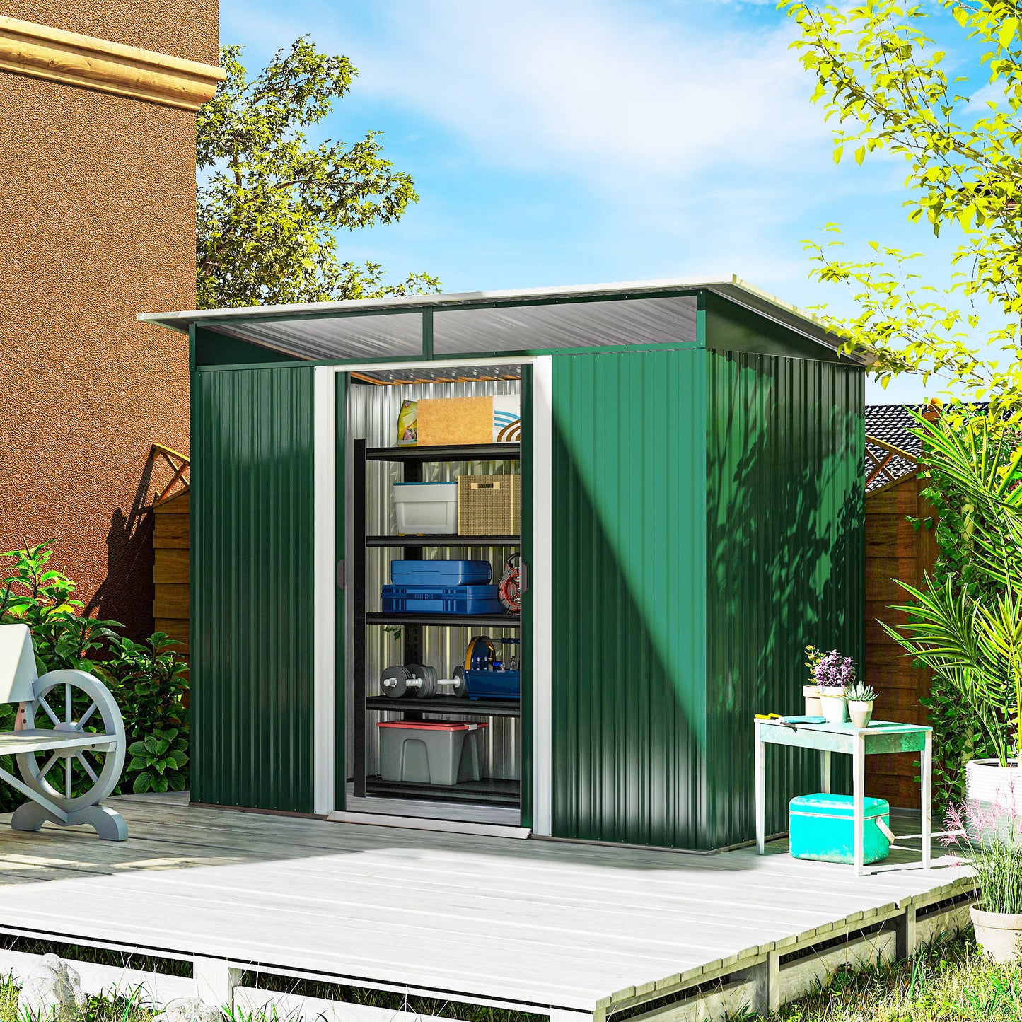 Outsunny Pent Roofed Metal Garden Shed House Hut Gardening Tool Storage w/ Ventilation 260L x 133W x 200Hcm