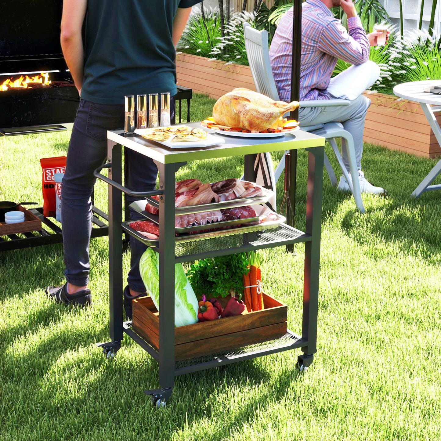 Outsunny: Three-Shelf Outdoor Grill Cart with Stainless Steel Top, 4 Wheels, Hooks, for Kitchen/Garden