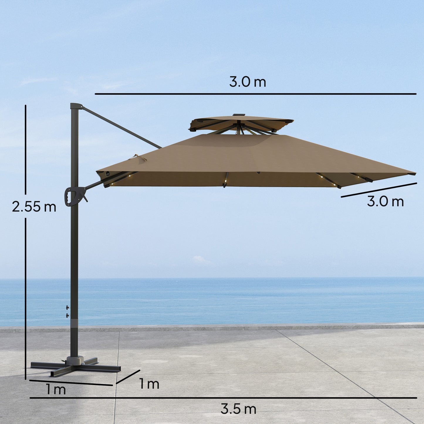 Outsunny Garden Cantilever Parasol, Solar LED, Centre Light, Aluminium, UPF50+ Sun Shade, Cross Base, Crank Tilt, 3.5x3m, Khaki