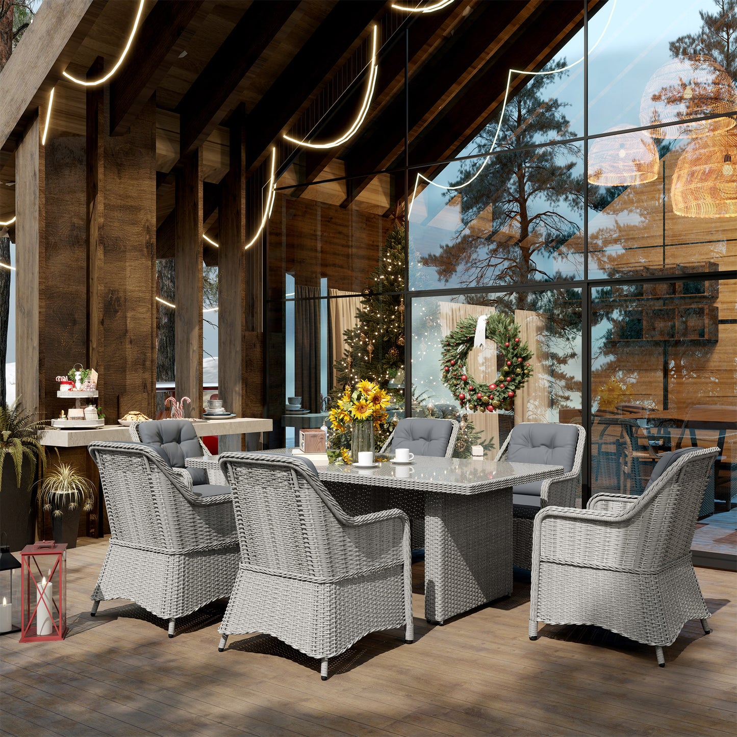 Outsunny 6-Seater Rattan Dining Set, Round PE Rattan Furniture, Aluminum Table, 6 Armchairs with Cushions, Rectangular Glass Top, Grey