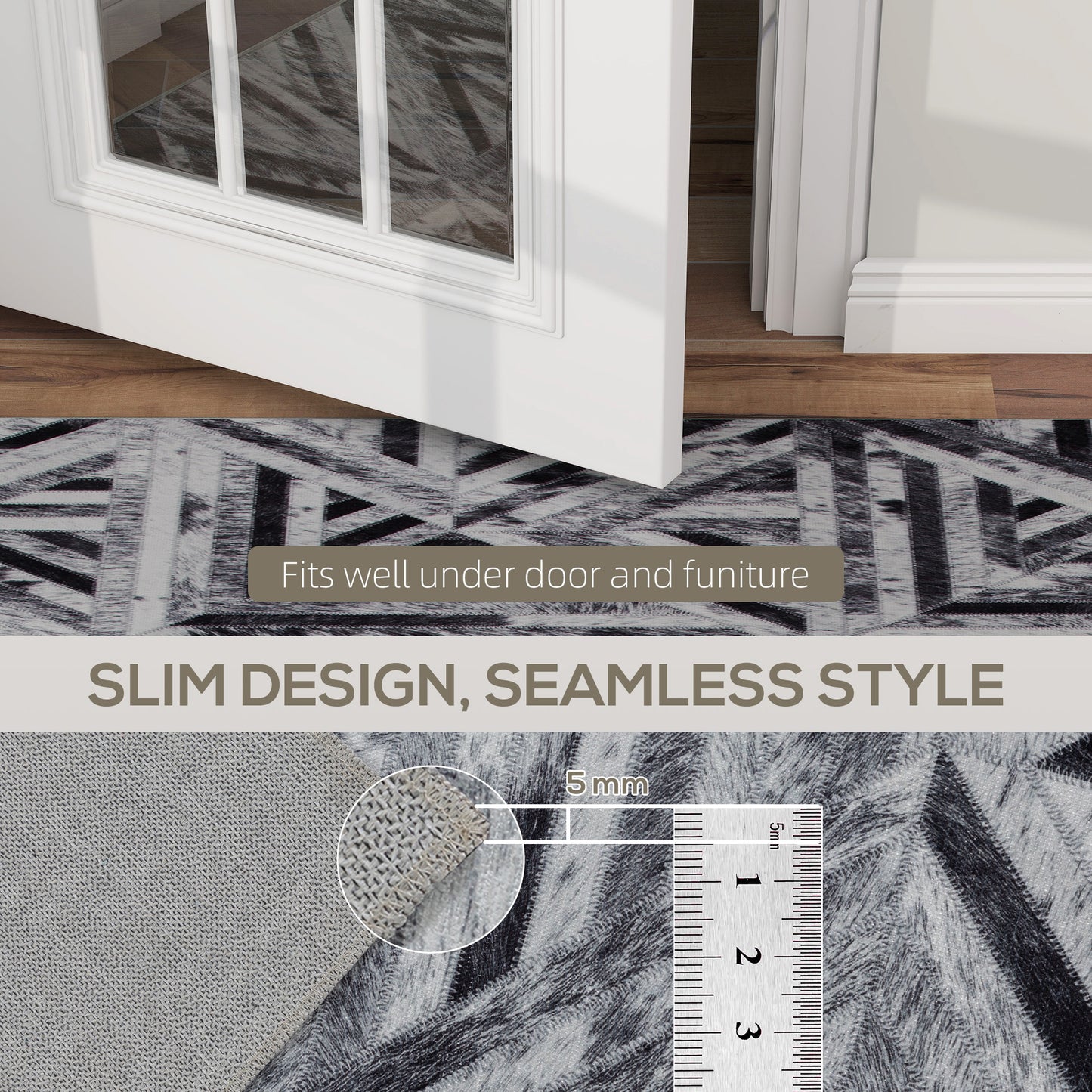 HOMCOM Modern Area Rug, Triangle Pattern, Non-Slip Washable Chenille Carpet for Living Room, Bedroom, Dining, Home Office, 170x120 cm, Black