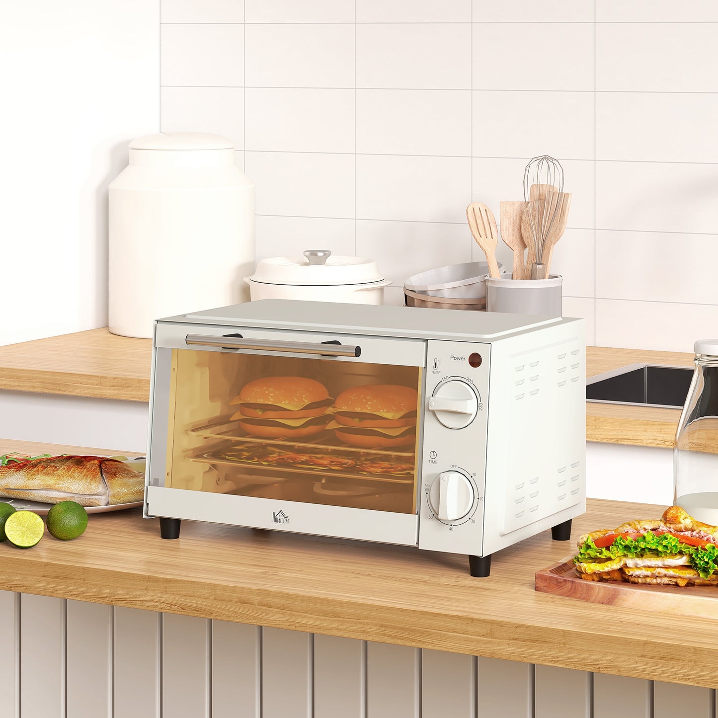 HOMCOM Mini Oven, 9L Countertop Electric Grill, Toaster Oven with Adjustable Temperature, Timer, Baking Tray and Wire Rack, 750W, Cream