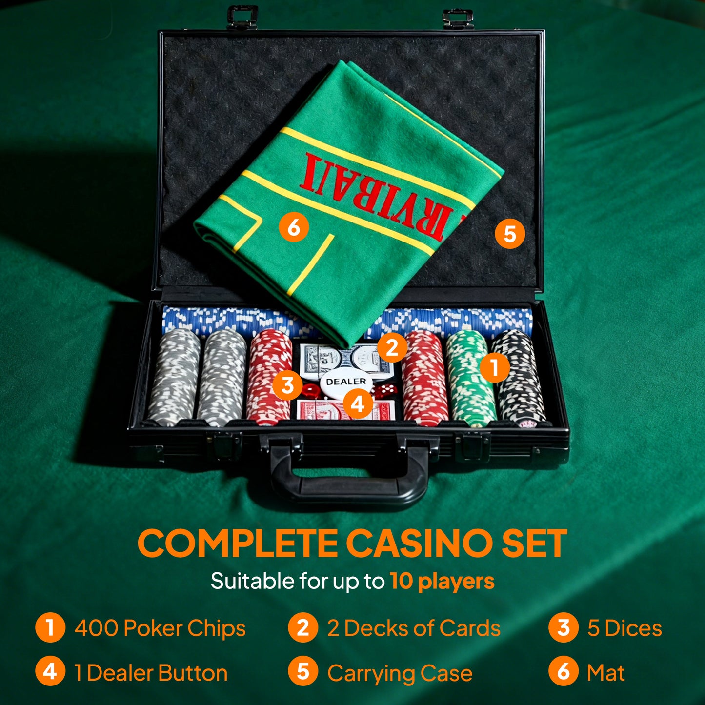 SPORTNOW 400-Piece Poker Chips Set, Texas Holdem with Mat, 11.5g Numbered Chips, 2 Decks, Dealer, 5 Dice, ABS Case, Grey