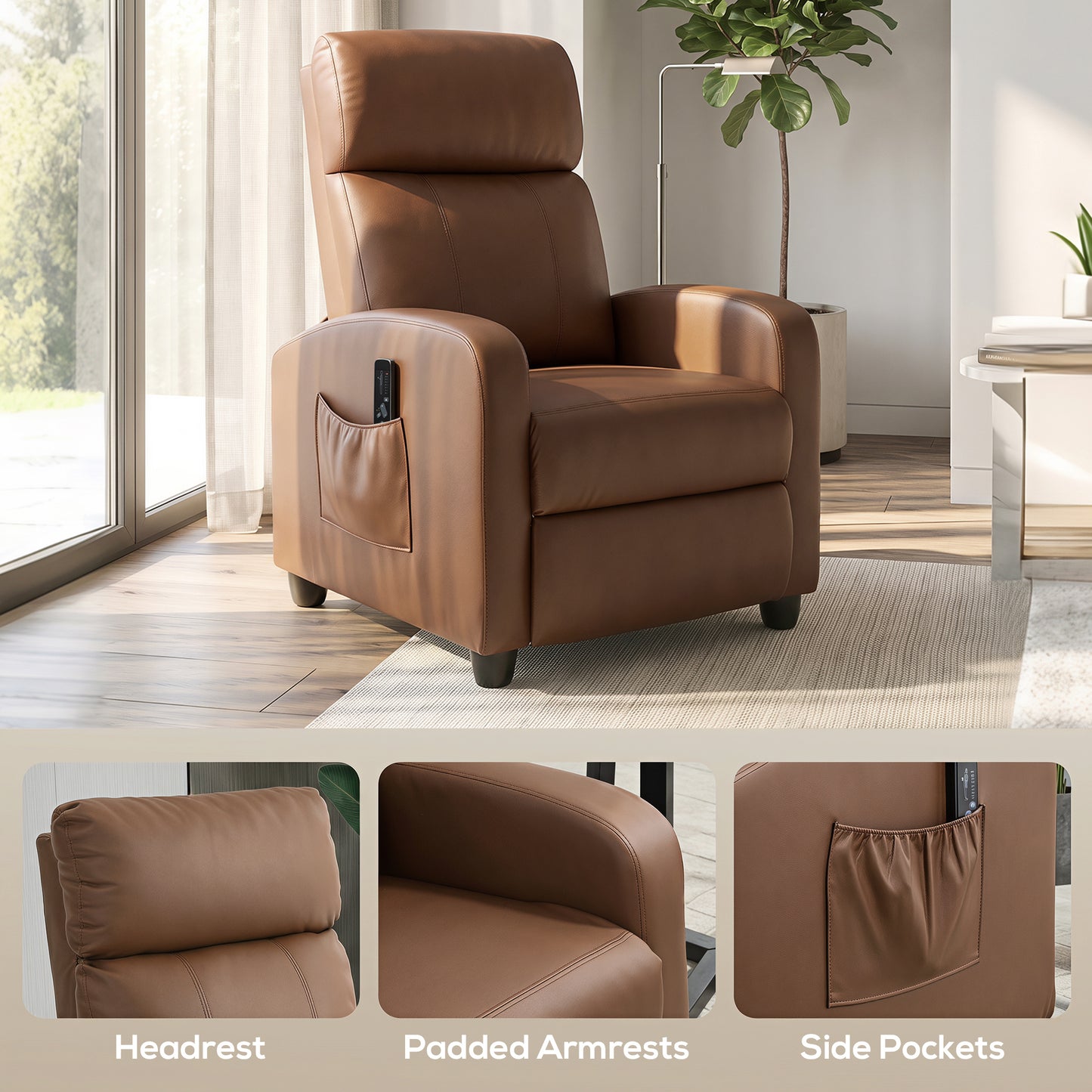 HOMCOM Recliner Armchair, Massage Faux Leather Push Back Reclining Chair with Adjustable Leg Rest, Side Pocket, Dark Brown