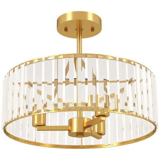HOMCOM Crystal Ceiling Light Fixture, Semi Flush Mount Chandelier for Living Room, Bedroom, Hallway, Dining Room, E14 Base, 3-Lights, Gold Tone