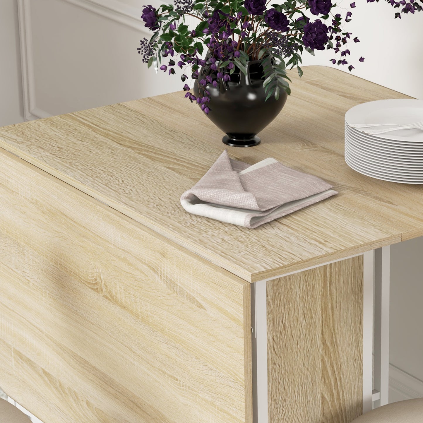 HOMCOM Mobile Drop Leaf Table, Folding Kitchen Table with Wheels & Storage Shelf, Natural Wood