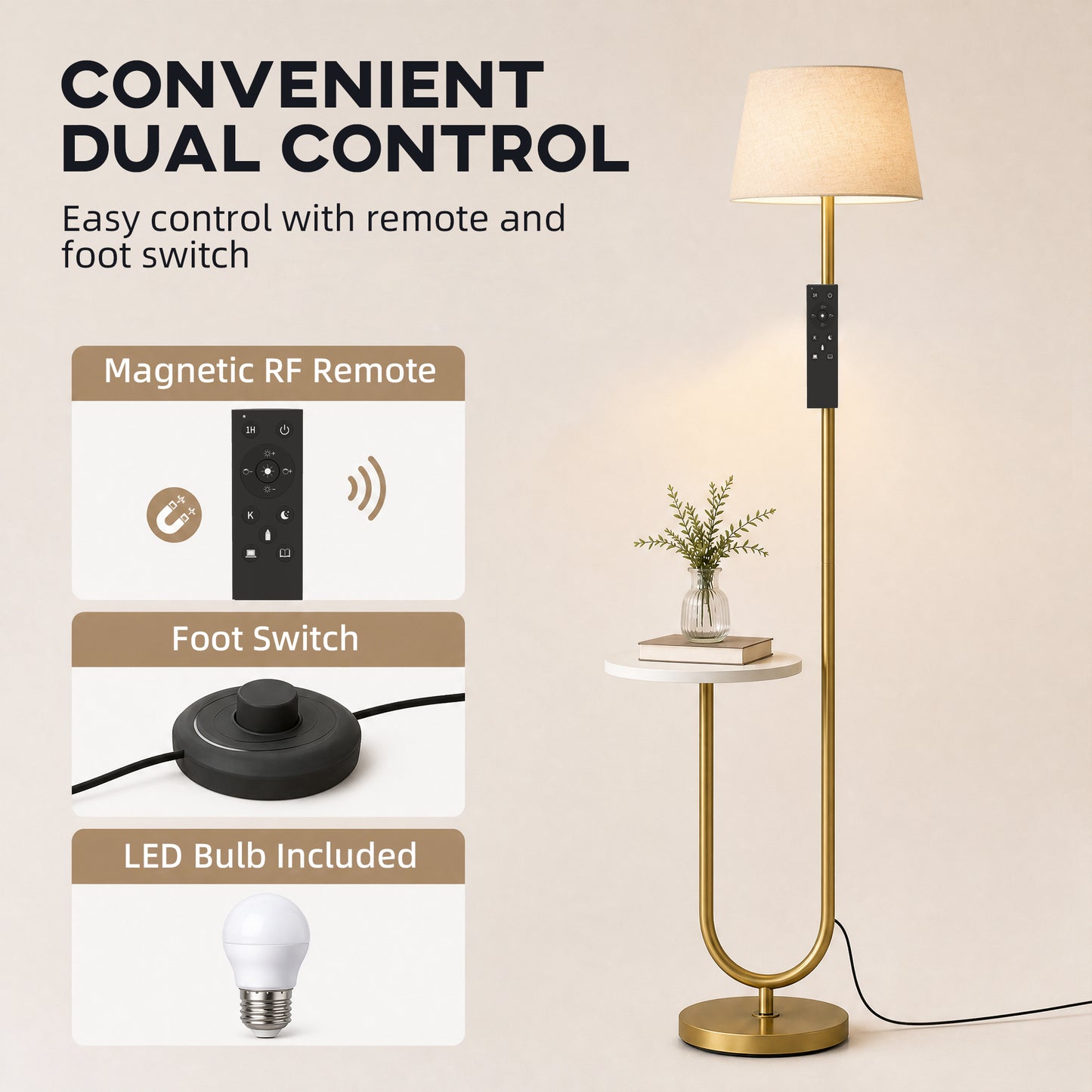 HOMCOM Modern Floor Lamp with Shelf, Dimmable Floor Lamp with Linen Shade, RF Remote and Foot Switch for Living Room, Gold Tone