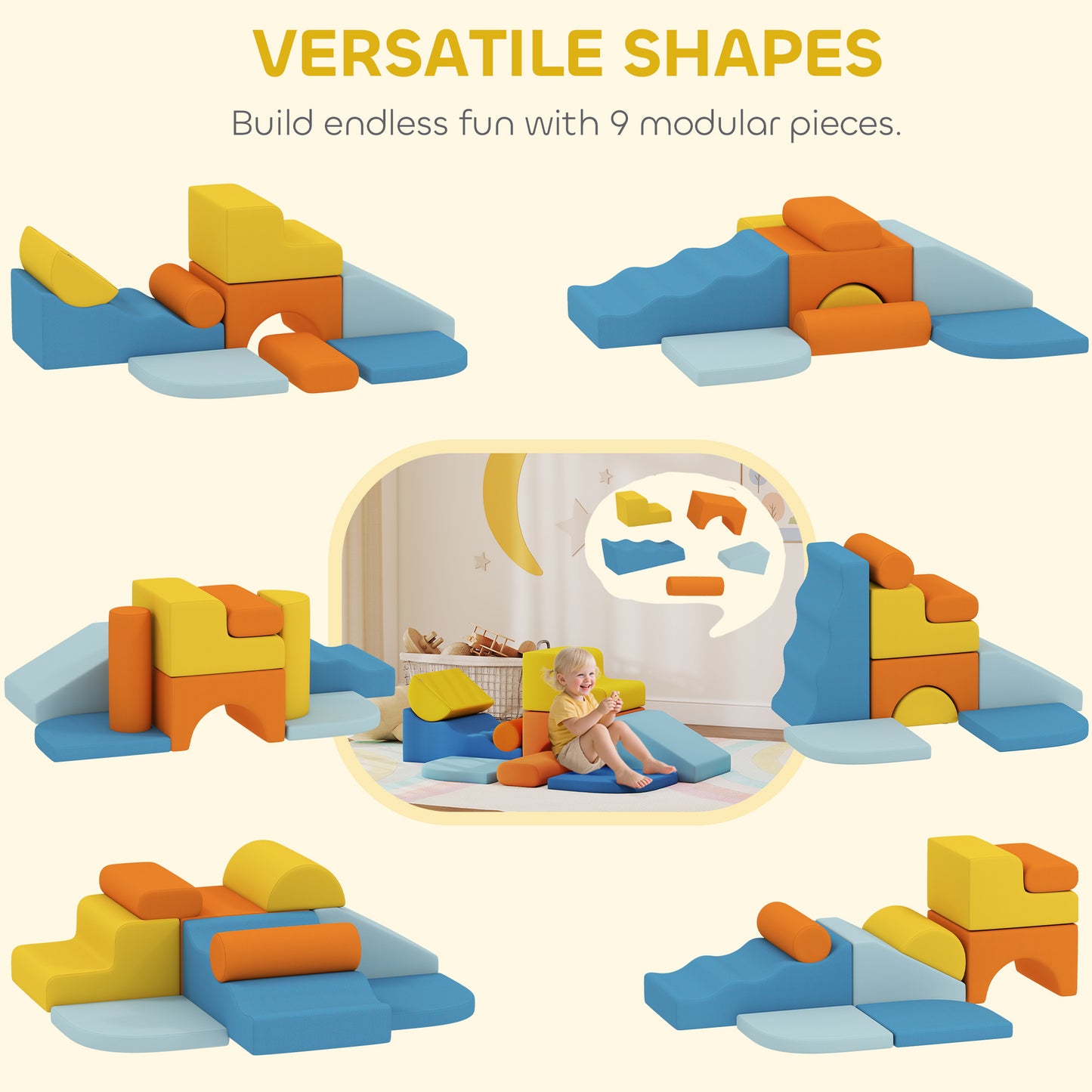 AIYAPLAY 9-Piece Soft Play Set, Kids Soft Play Foam Blocks with Detachable Cover for Climbing and Crawling