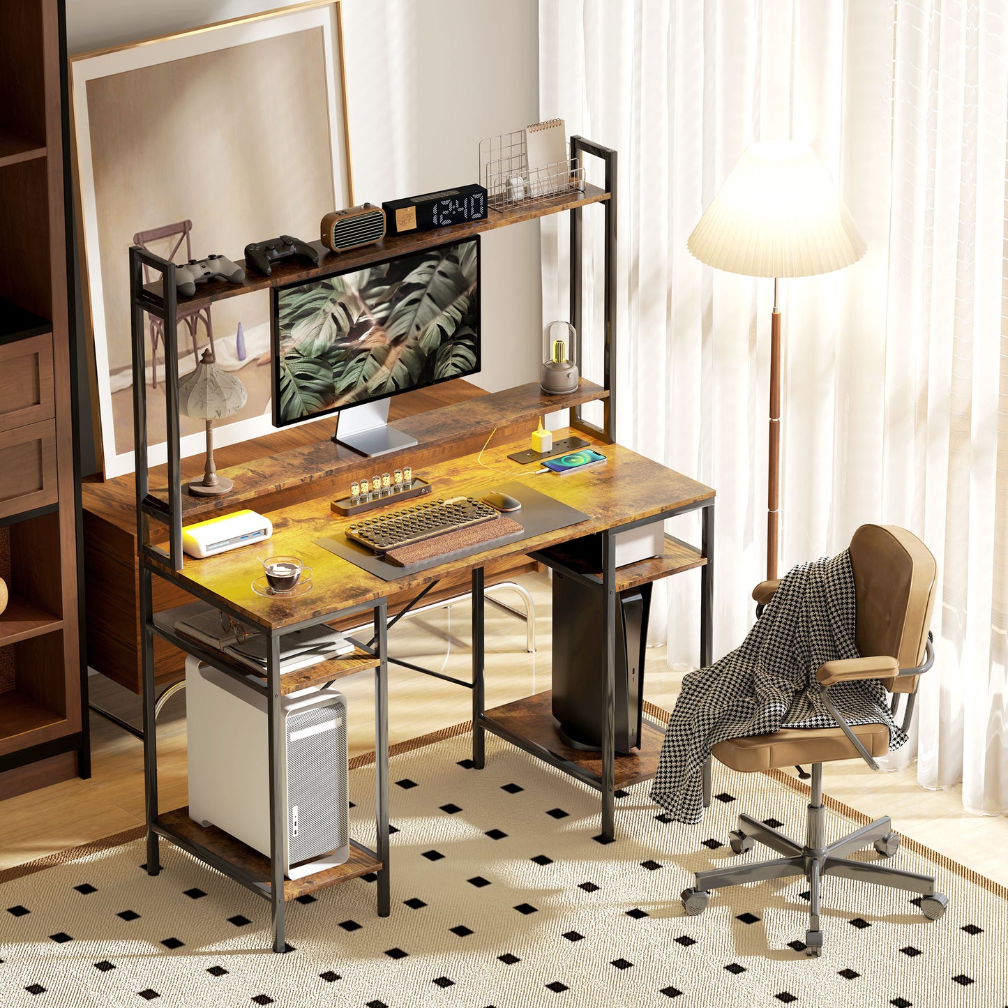 HOMCOM Computer Desk with Power Outlets, LED Lights, Monitor & 2 CPU Stands, Gaming Desk with Hutch, Rustic Brown