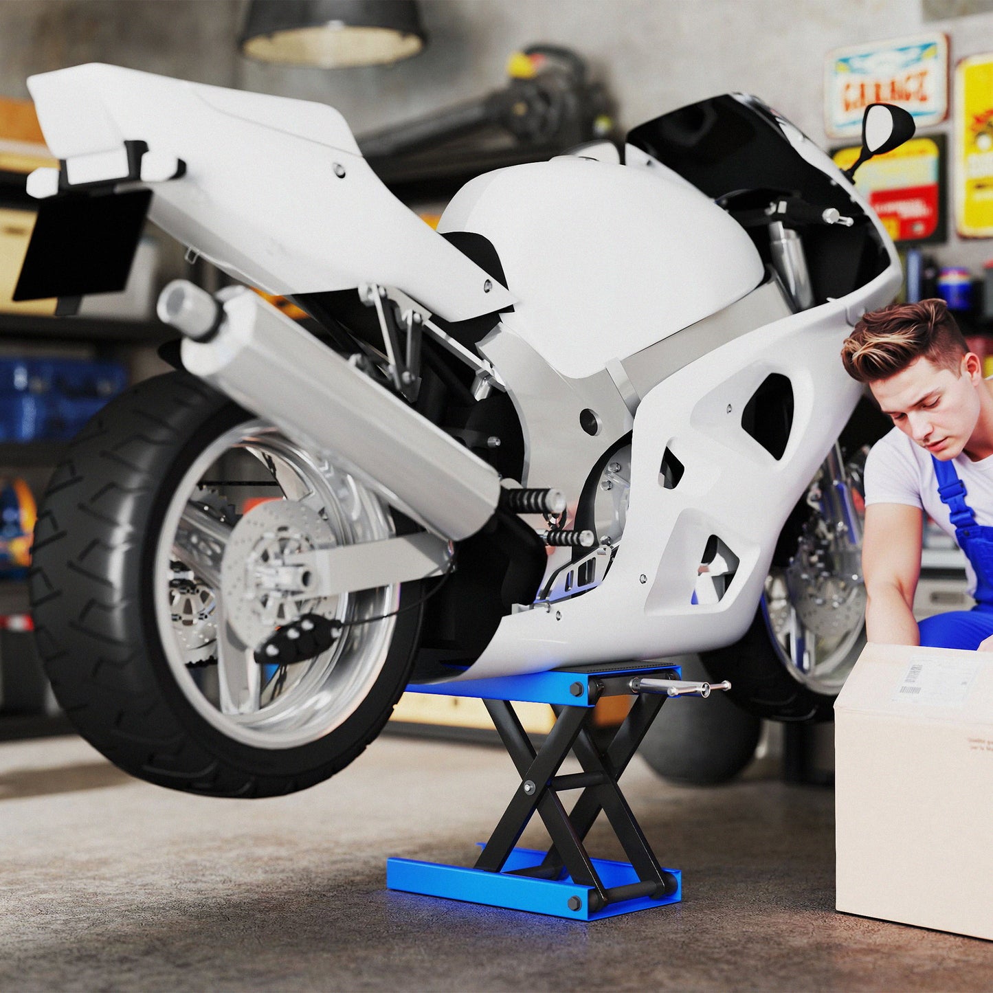 DURHAND Motorcycle Scissor Lift Jack, Anti-Slip Deck, Steel Repair Stand, Blue