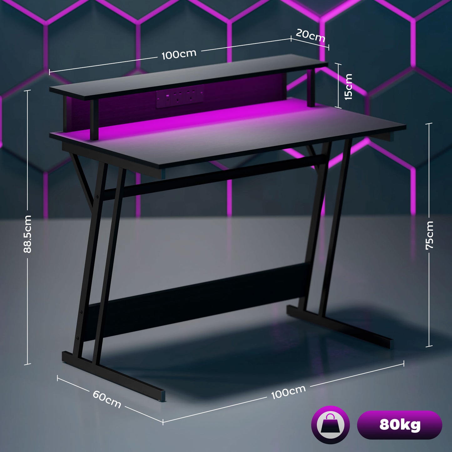 HOMCOM Gaming Desk with LED Lights, Z-Shaped Frame, Monitor Stand, Power Outlets, Black