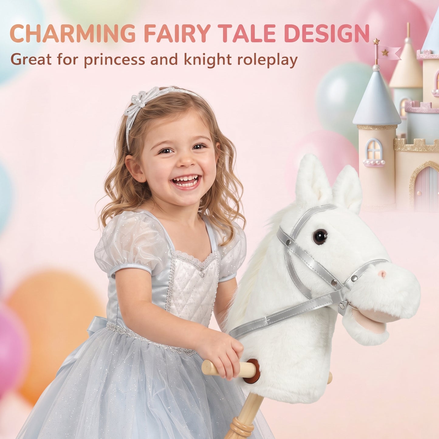 AIYAPLAY Hobby Horse with Wood Wheels, Stick Horse with Grip Handle, Hoofbeats Neighing, Gift for Imaginative Play, 95 cm, White