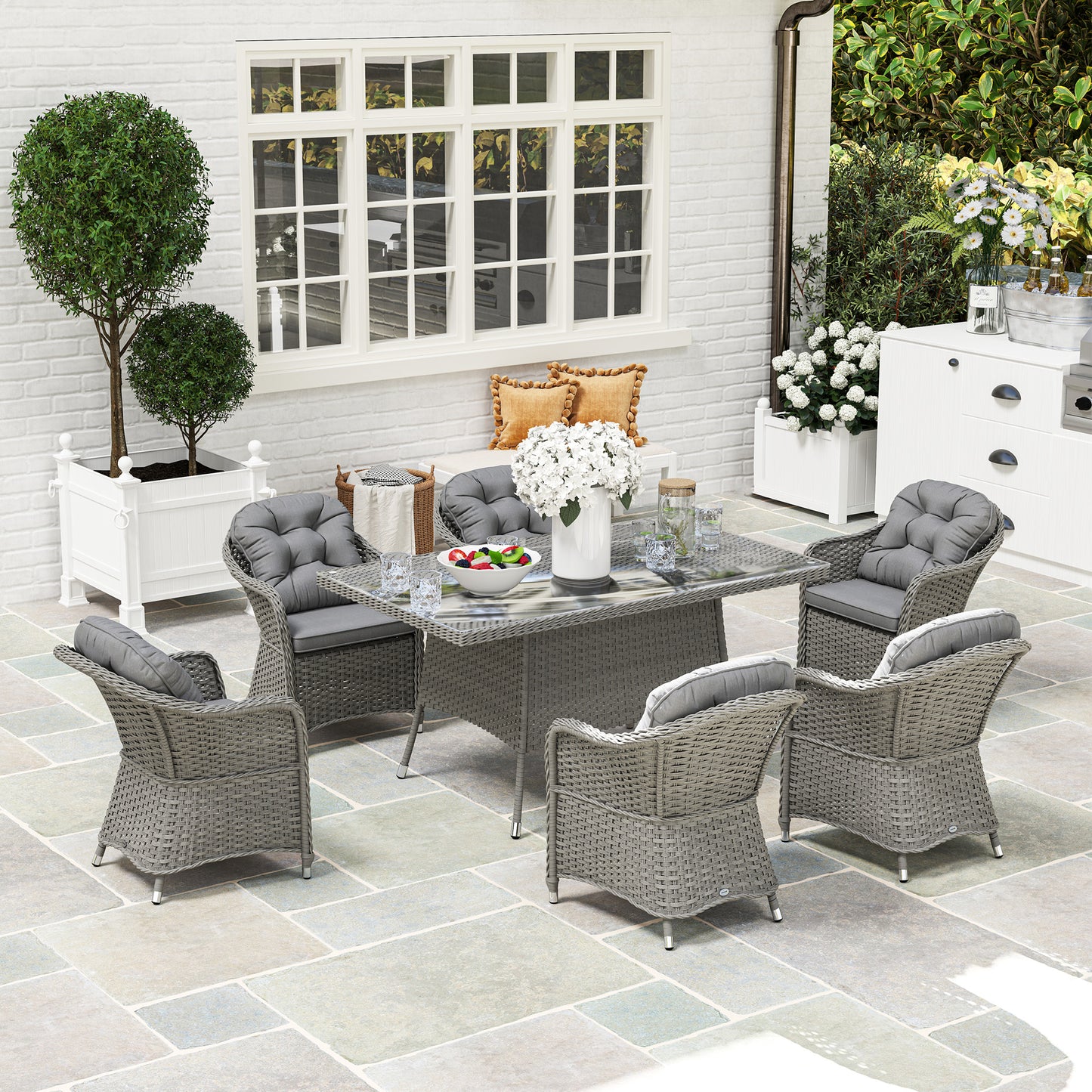 Outsunny 6 Seater Rattan Dining Set with Cushions, PE Rattan Garden Furniture, Rectangular Glass Table with Umbrella Hole, Light Grey