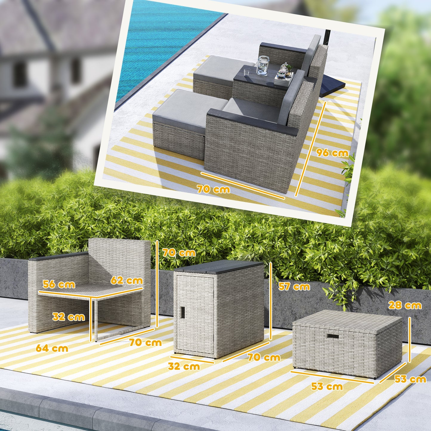 Outsunny 5 Piece Rattan Garden Furniture Set, Nesting Sofa with Footstools, WPC Storage Coffee Table & Cushions, Grey