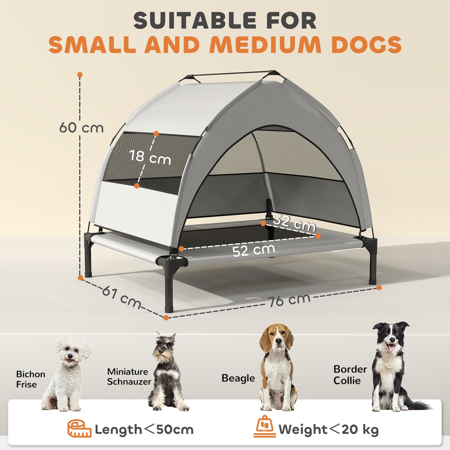 PawHut Portable Elevated Dog Bed with Removable Canopy, Cooling Raised Pet Cot for Small Medium Dogs, 76 x 61 x 60 cm
