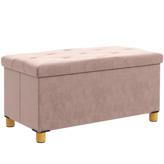 HOMCOM Velvet Upholstered Foldable Ottoman Footrest, Storage Ottoman Bench with Wood Legs for Living Room, Pink