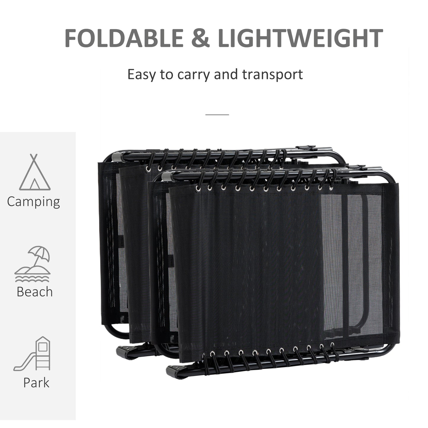 Outsunny Portable Sun Lounger Set of 2, Folding Camping Cot, 5-Position Reclining Chair with Side Pocket, Pillow for Patio Beach Pool, Black