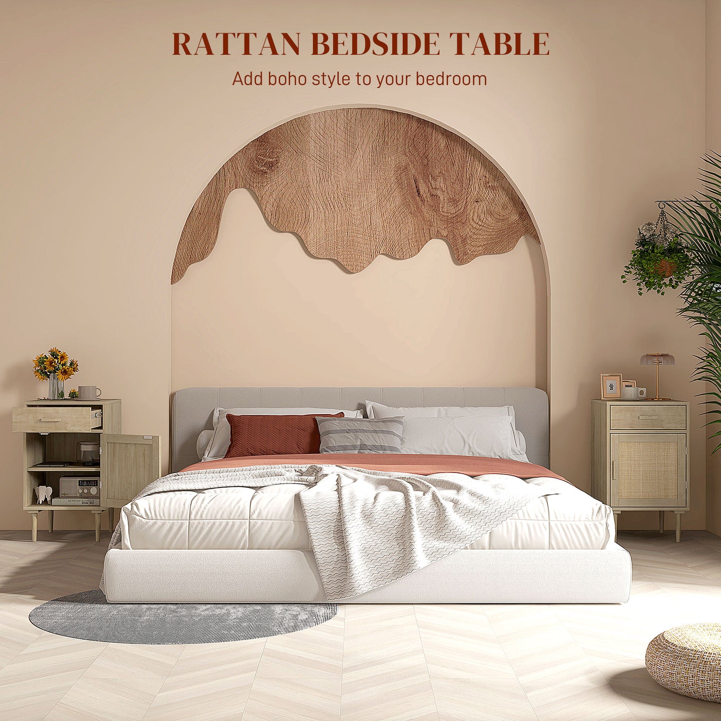 HOMCOM Rattan Bedside Table with Drawer - Natural Wood