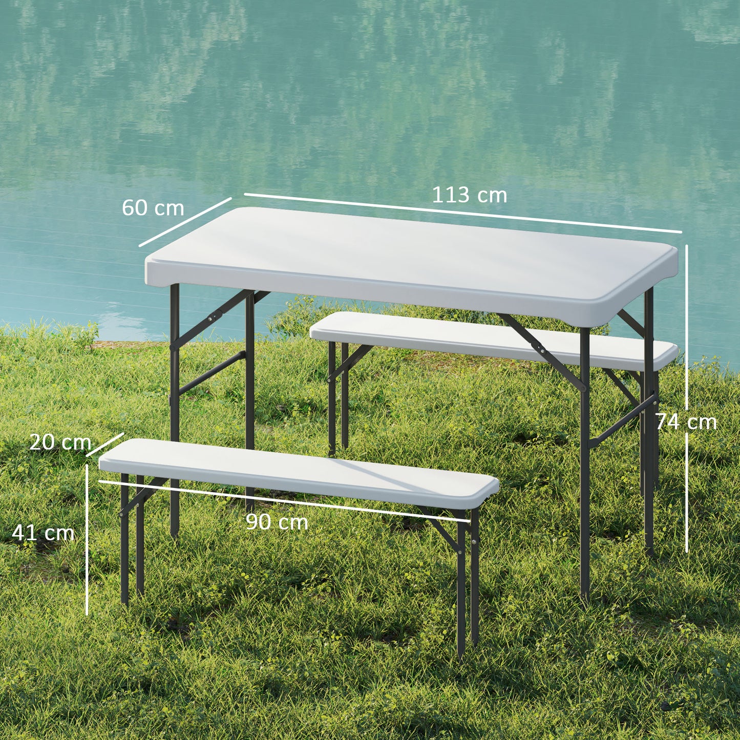 Outsunny 3 Piece Folding Picnic Table & Bench Set, Portable HDPE with Carry Handle for Indoor/Outdoor, Light Grey