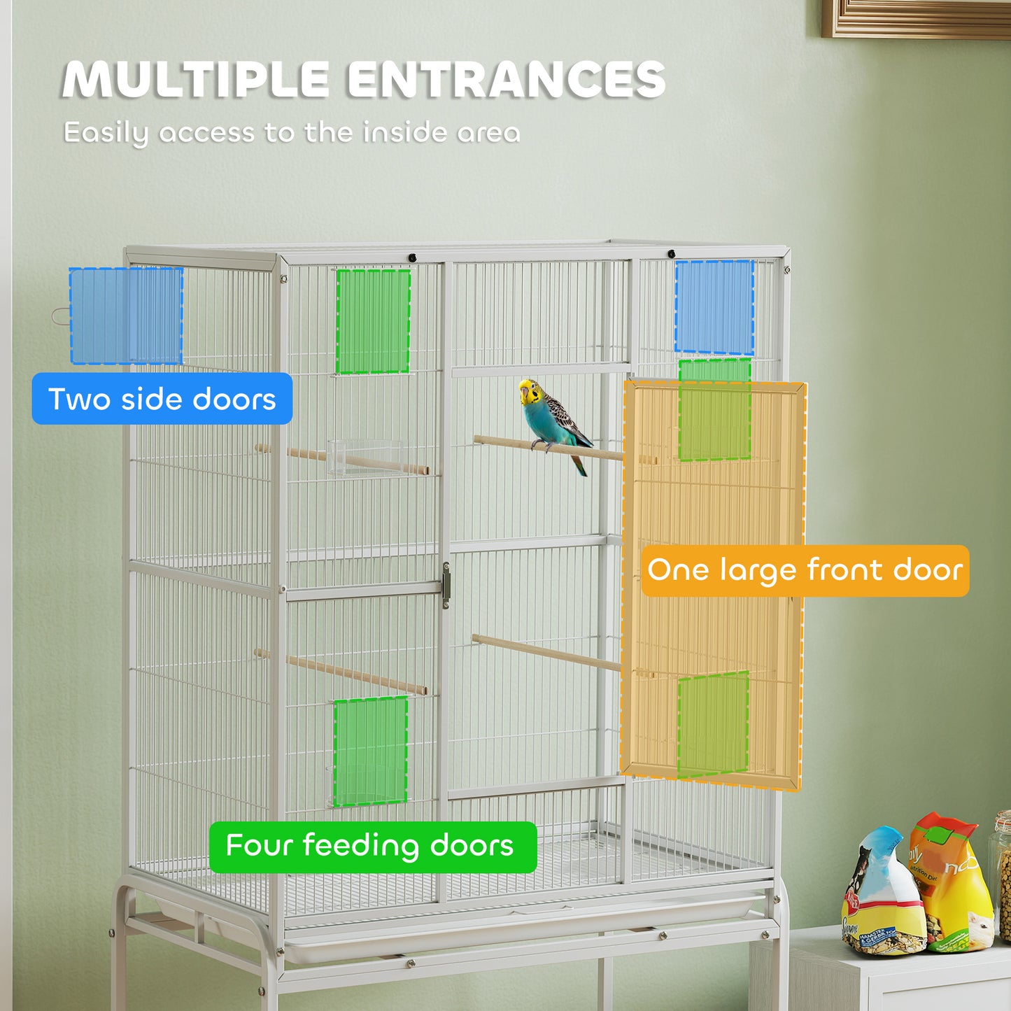 PawHut Large Bird Cage Budgie Cage with Stand, Storage Shelf, Wood Perch for Parrot, 81 x 48 x 162.5 cm, White