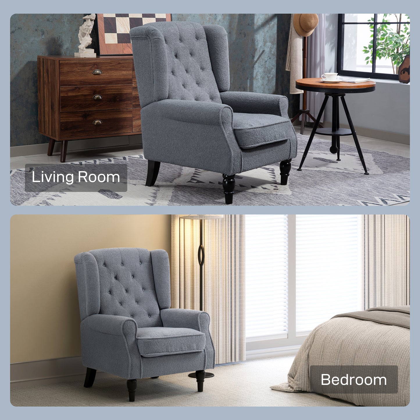 HOMCOM Wingback Accent Chair, Retro Upholstered Button Tufted Occasional Chair for Living Room and Bedroom, Grey