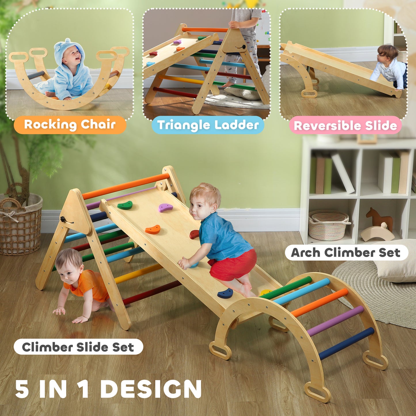 AIYAPLAY 5 in 1 Toddler Climbing Frame with Ramp, Arch, for 18-48 Months, Multicolour