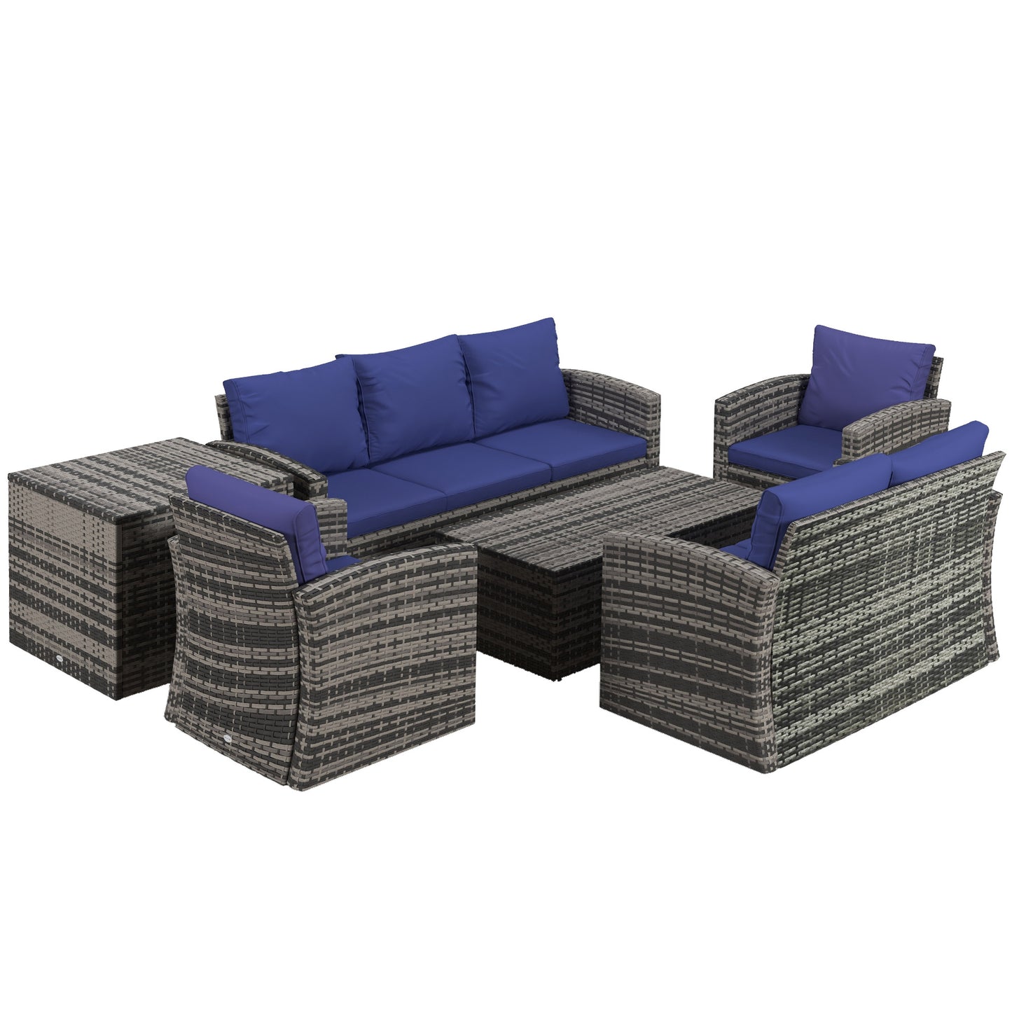 Outsunny 7-Seater Rattan Garden Furniture Set, Wicker Sofa with Storage Tea & Side Tables, Navy Blue