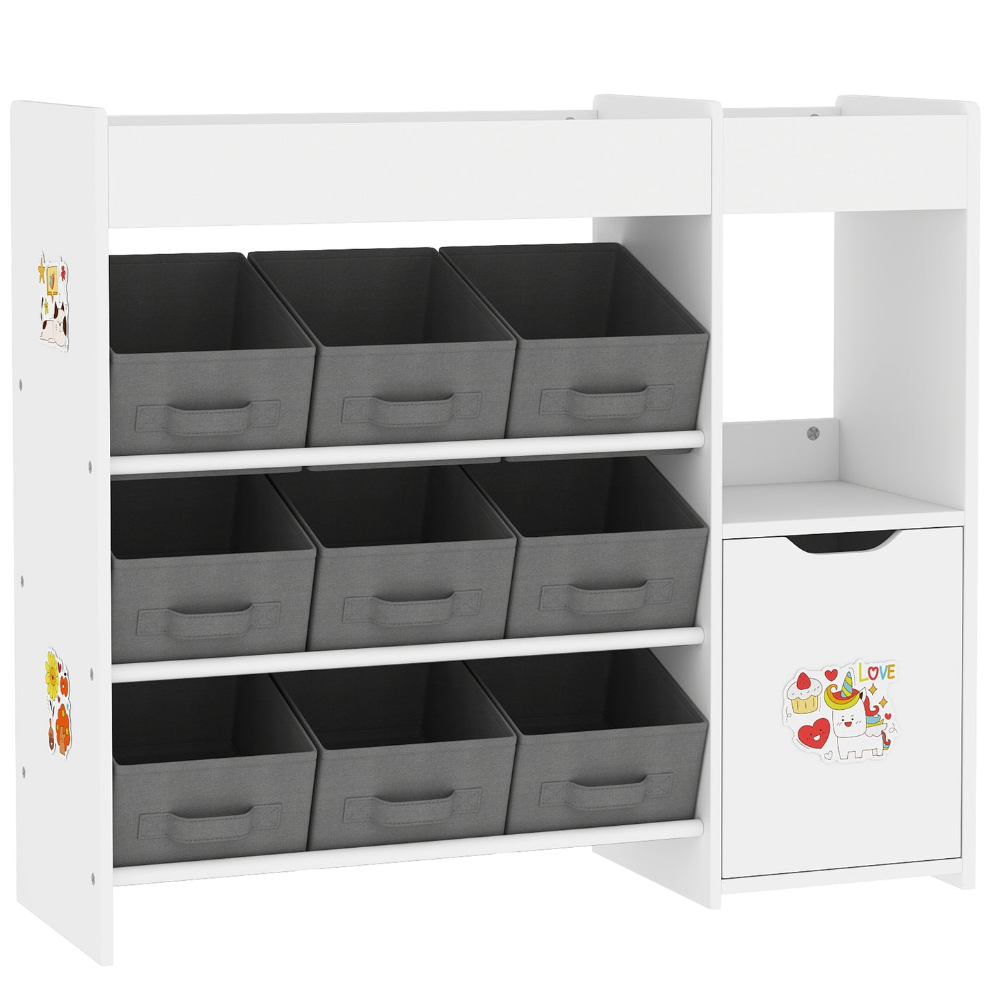 AIYAPLAY Kids Toy Storage, 9 Removable Fabric Bins, Wooden Toy Storage Units for Toys and Books for Bedroom, Nursery, White