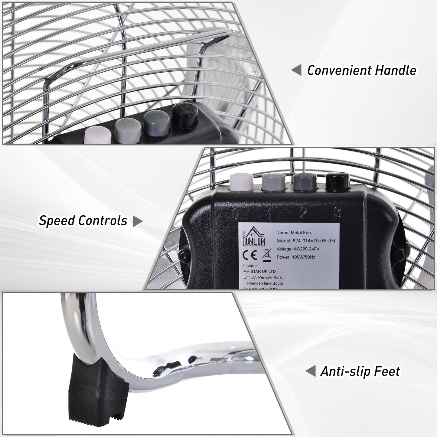 HOMCOM 100W 3 Wind Speed Metal Fan Silver